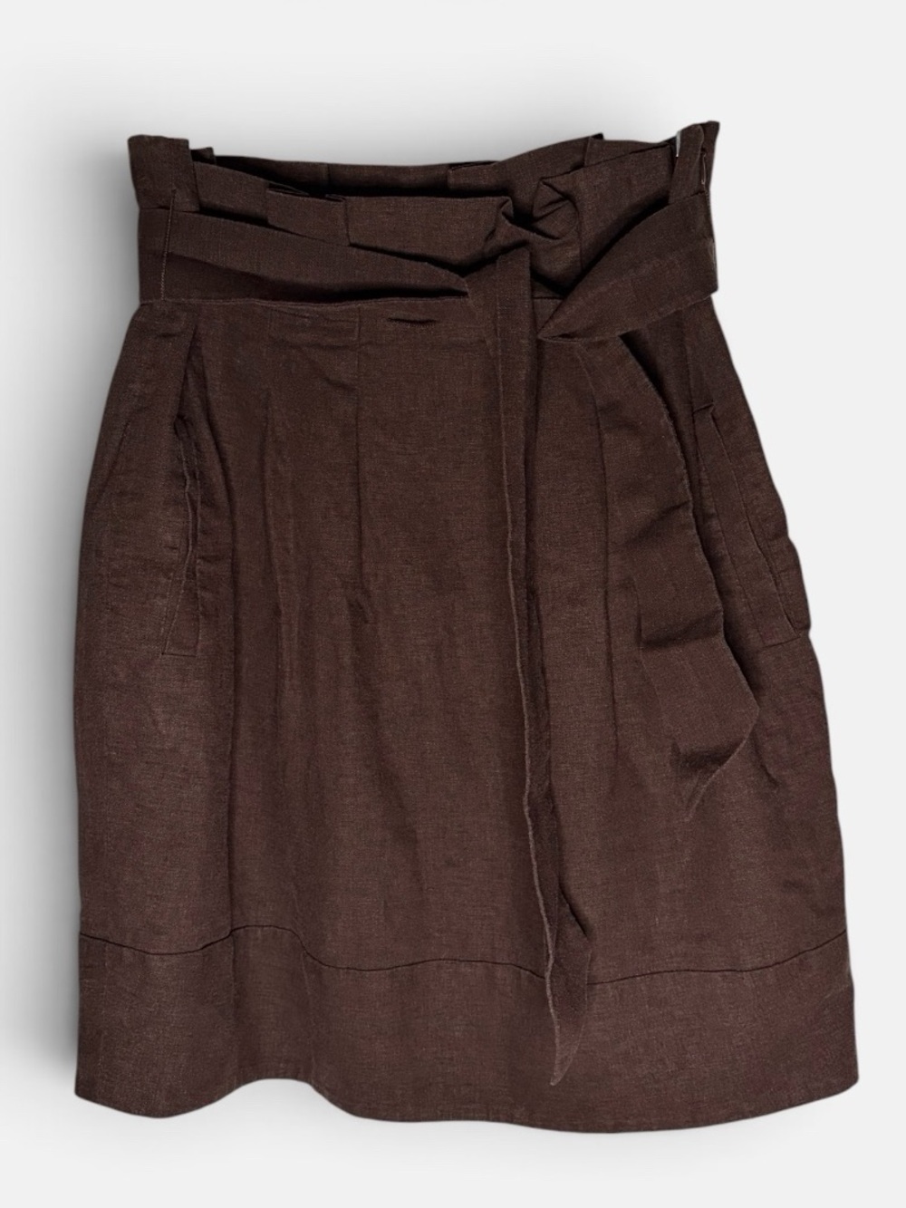 BCBGMAXAZRIA Brown Linen Blend Paperbag Waist Tie Belt Skirt Size 6